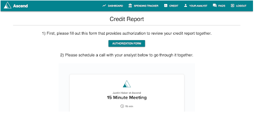 Screenshot of credit report authorization before meeting with an Ascend analyst