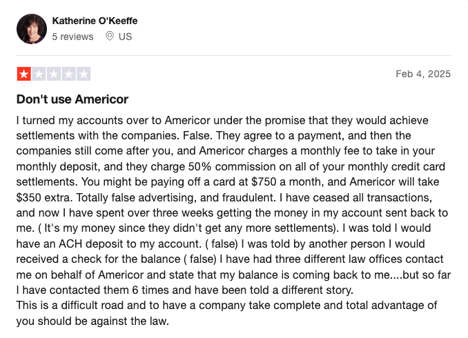 Picture of negative Debt Clear USA Americor review on TrustPilot