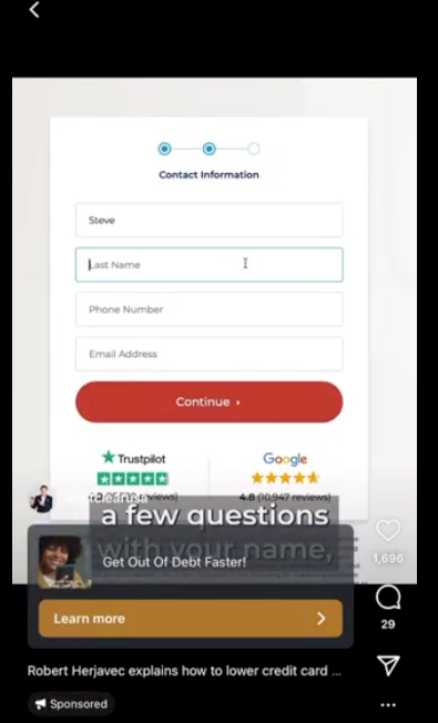 Debt Clear USA form questionnaire.