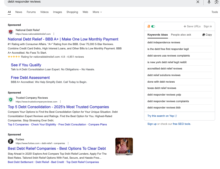 Google search showing no meaningful independent reviews for Debt Responders