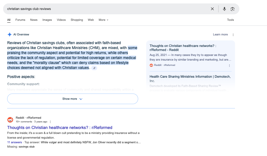 Google search showing no meaningful independent reviews for Christian Savings Club