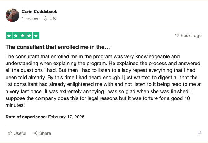 Picture of positive Debt Clear USA Americor review on TrustPilot