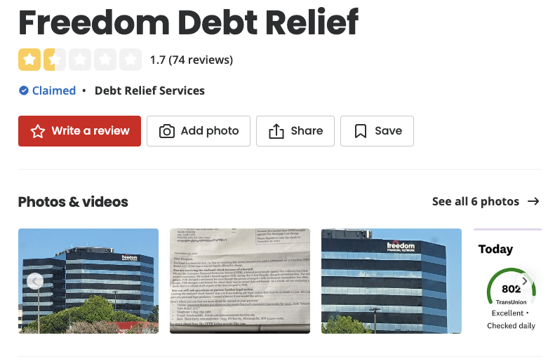 Freedom Debt Relief's Yelp page