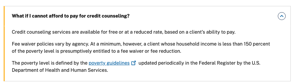Picture of the US government language about who can qualify for a free Chapter 7 bankruptcy credit counseling course