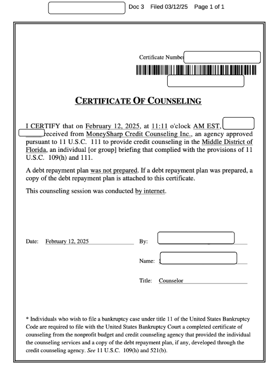 Picture of pre-bankruptcy Chapter 7 credit counseling course certificate
