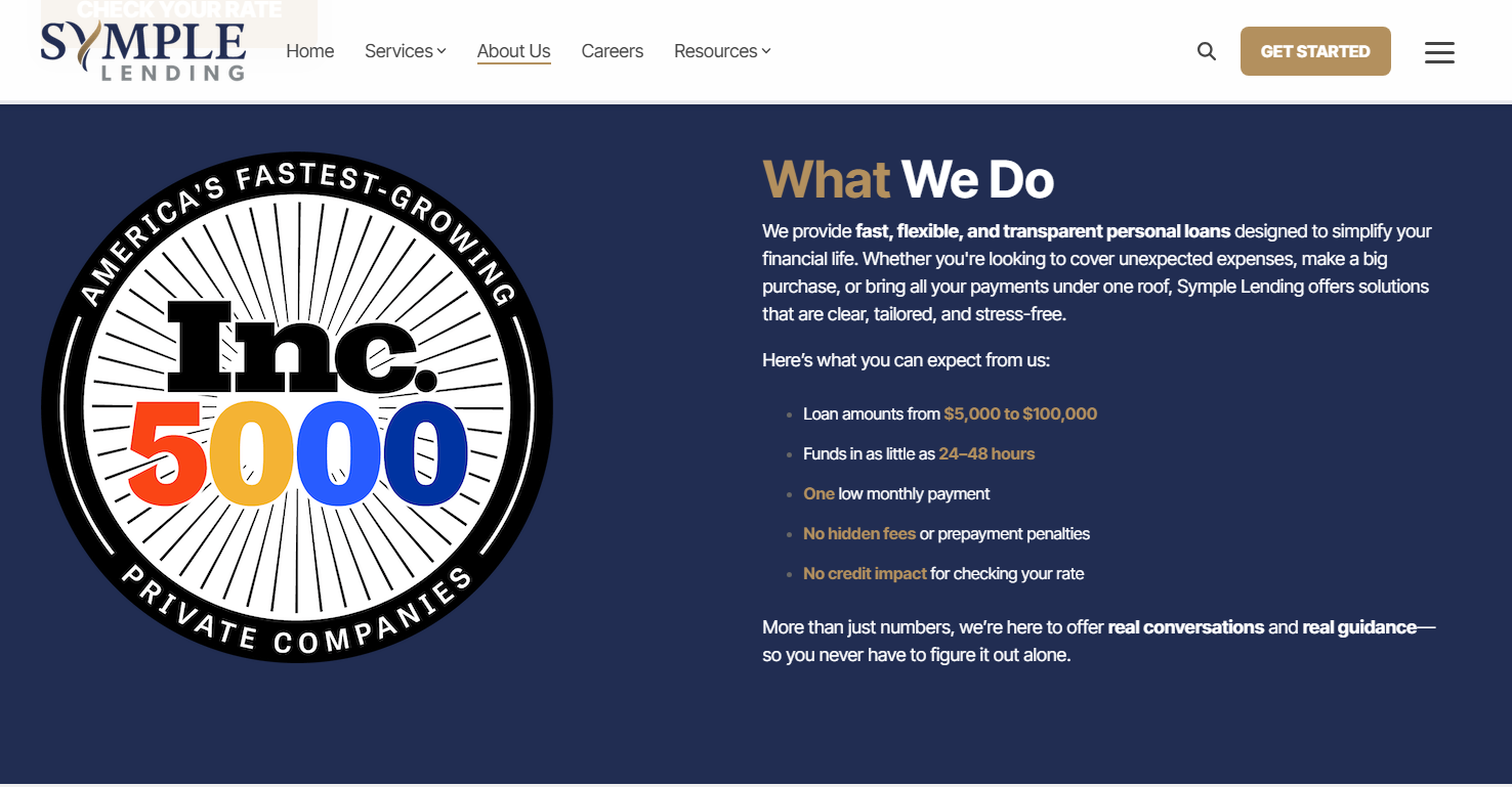 Symple Lending current About Us page stating that the company was founded in 2022