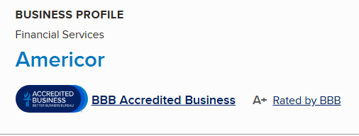 Americor BBB accredited business profile with an A plus rating
