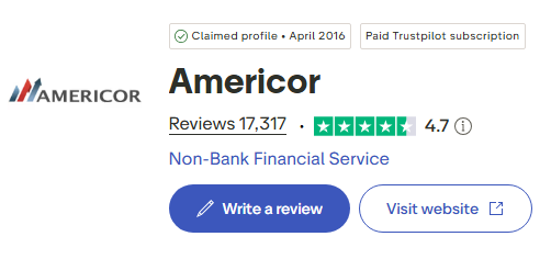 Americor claimed Trustpilot profile showing 17317 reviews and a 4.7 rating