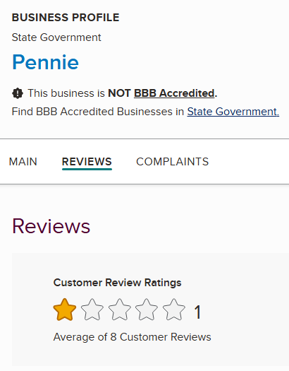 BBB profile for an unrelated Pennsylvania state government entity named Pennie