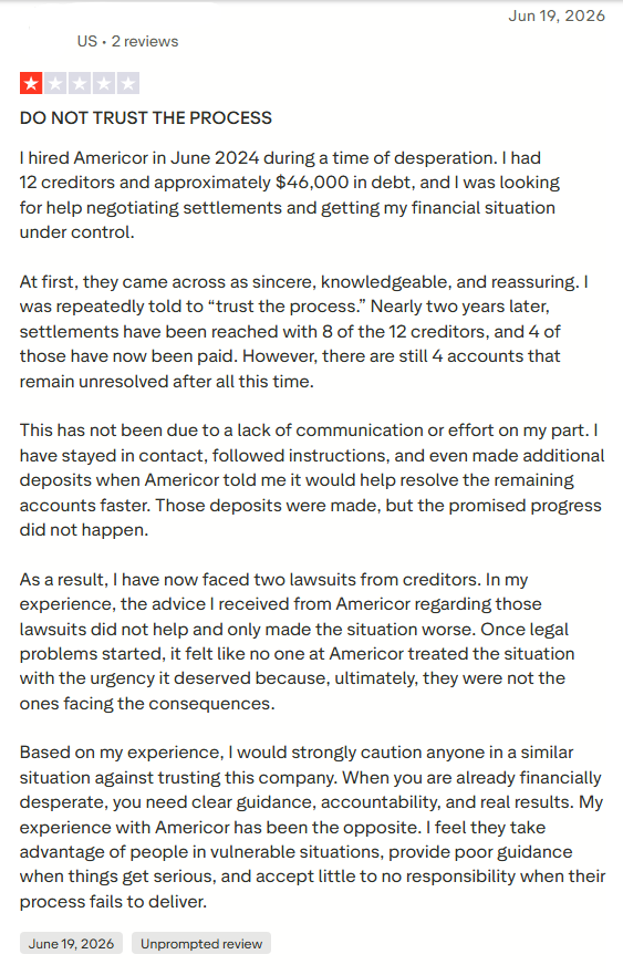 Negative Americor Trustpilot review alleging changing loan offers and repeated referrals