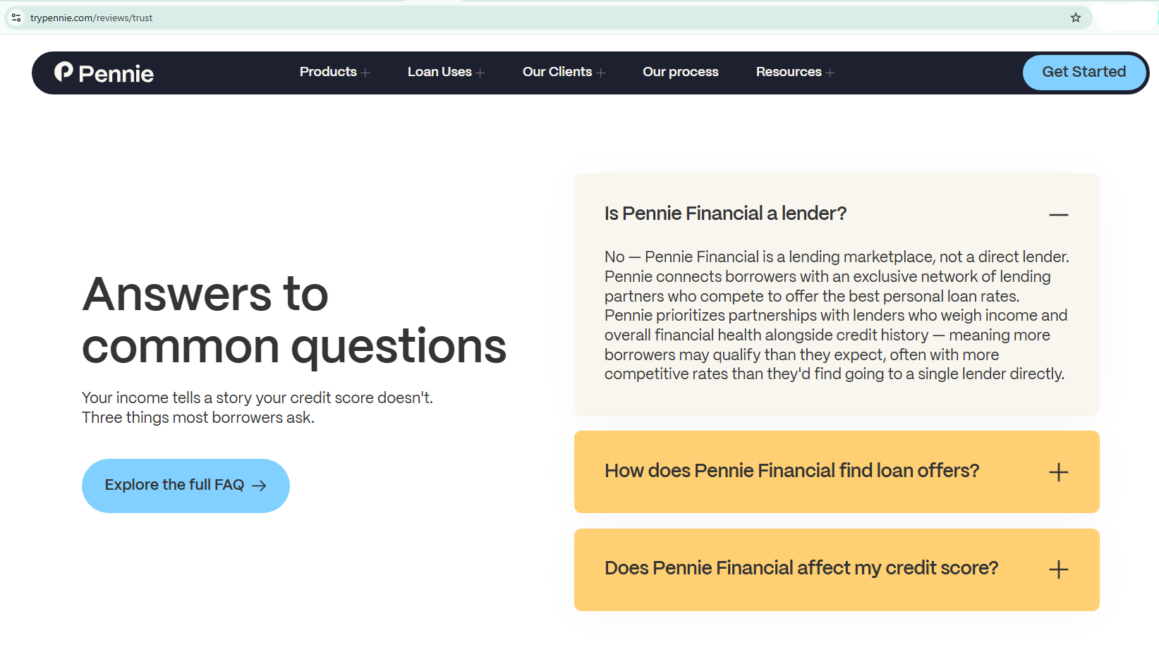 Pennie Financial FAQ stating that Pennie is a lending marketplace rather than a direct lender