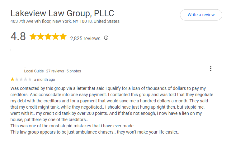 Negative Lakeview Law Group Google review alleging credit damage and a creditor lien