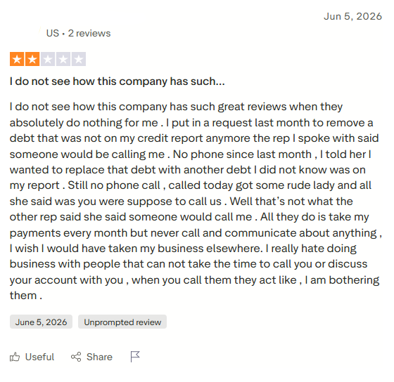 Negative New Start Capital Trustpilot review alleging poor communication