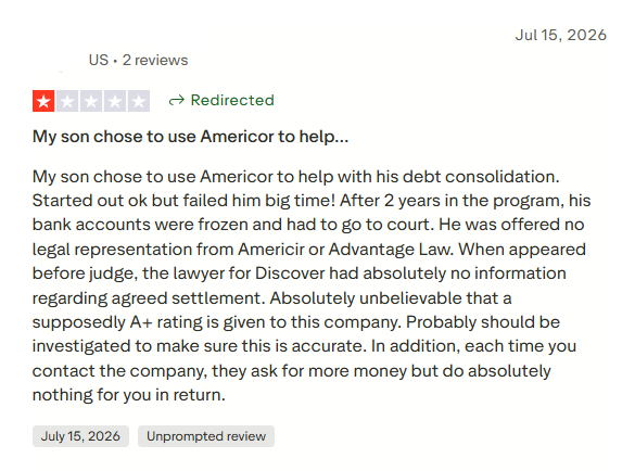 Negative Americor Trustpilot review alleging frozen bank accounts and no legal representation