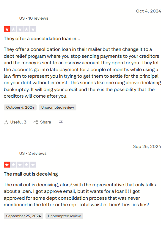 Negative New Start Capital Trustpilot reviews alleging mailer bait and switch