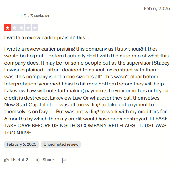 Negative New Start Capital Trustpilot review discussing Lakeview Law Group and creditor payment delays