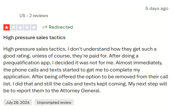 Negative Americor Trustpilot review alleging high pressure calls and texts