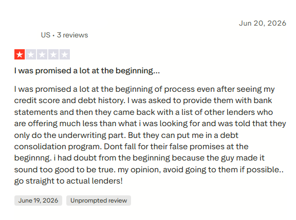 Negative Symple Lending Trustpilot review alleging a loan applicant was offered debt consolidation