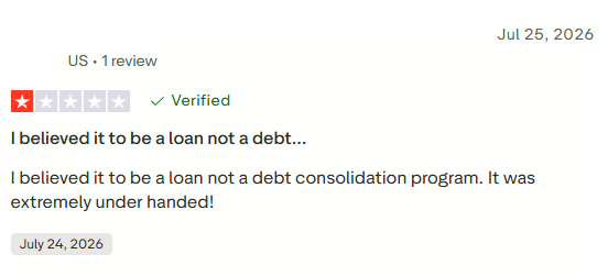 Negative verified Symple Lending Trustpilot review alleging a loan was actually a debt program