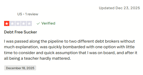 Negative verified Debt Free Teacher Trustpilot review alleging multiple debt broker transfers