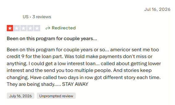 Negative Americor Trustpilot review alleging unresolved creditors and creditor lawsuits