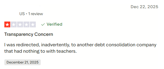 Negative verified Debt Free Teacher Trustpilot review alleging redirection to an unrelated debt company