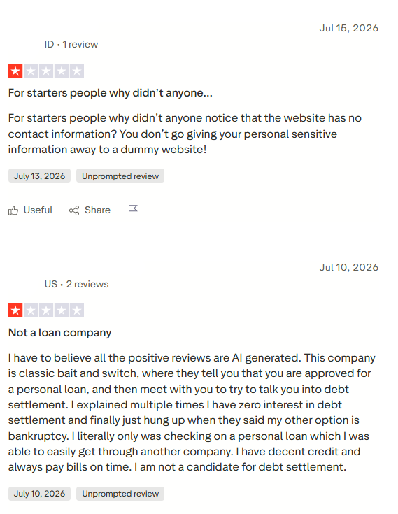 Negative Pennie Trustpilot reviews alleging unclear contact information and debt settlement bait and switch