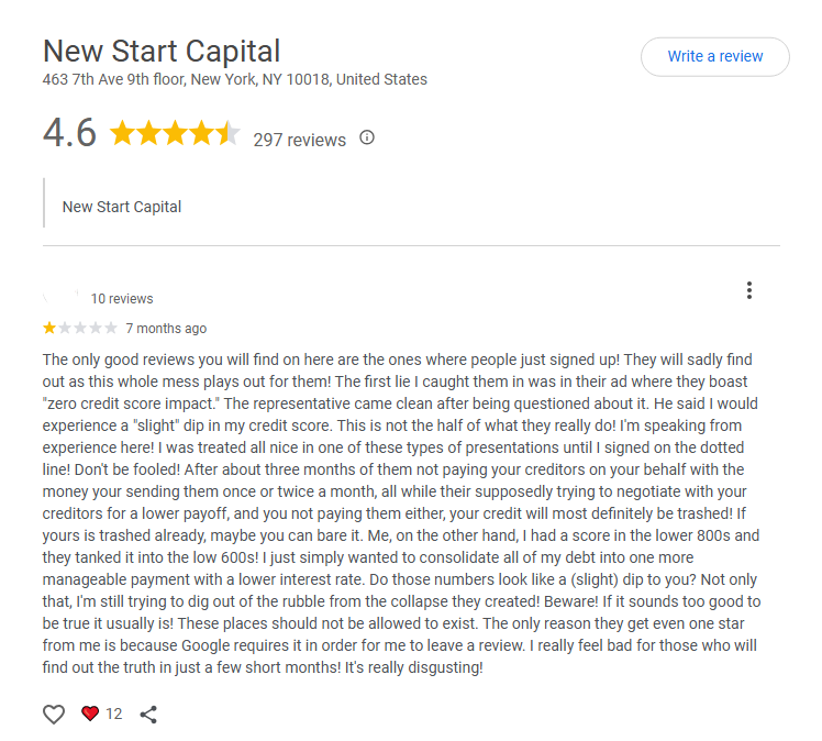 Negative New Start Capital Google review alleging a debt settlement program rather than a lending agency