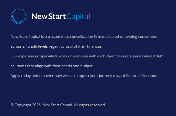 New Start Capital website describing the company as a debt consolidation firm