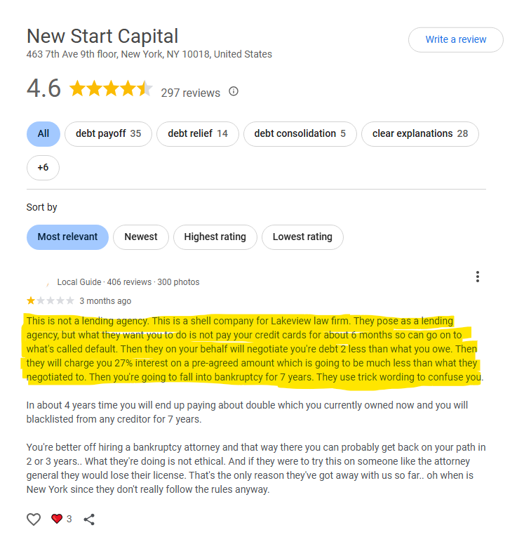 Negative New Start Capital Google review discussing Lakeview Law Group and program fees