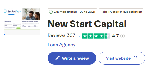 New Start Capital Trustpilot claimed profile showing 307 reviews and a 4.7 rating