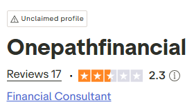 Trustpilot profile for One Path Financial showing an unclaimed profile, 17 reviews and a 2.3 rating