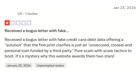 One-star One Path Financial Trustpilot review discussing unsecured debt and credit qualification requirements