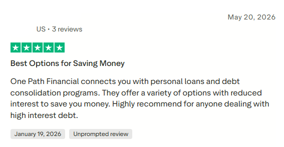 Five-star One Path Financial Trustpilot review discussing personal loans and debt consolidation options