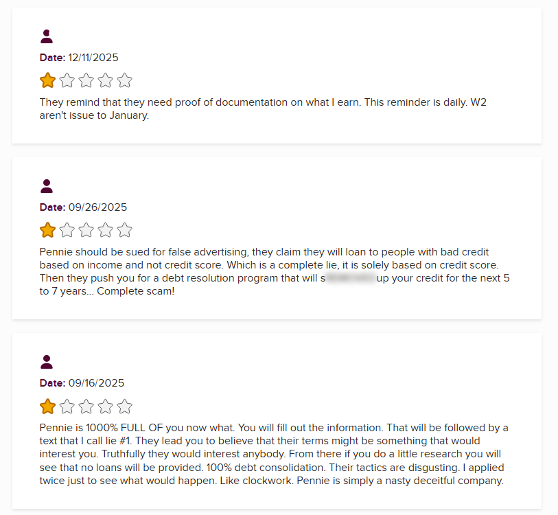Additional one-star Pennie reviews alleging false advertising and debt resolution upselling