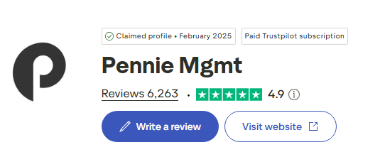 Pennie Mgmt claimed Trustpilot profile showing 6263 reviews and a 4.9 rating