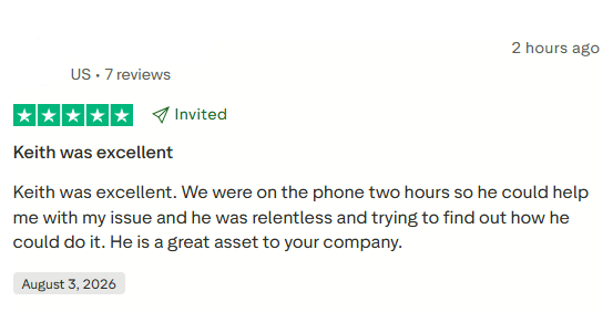 Positive invited Americor Trustpilot review praising a representative