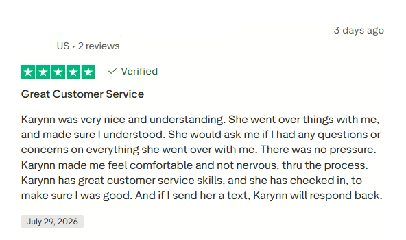 Positive Symple Lending Trustpilot review praising customer service and explanations
