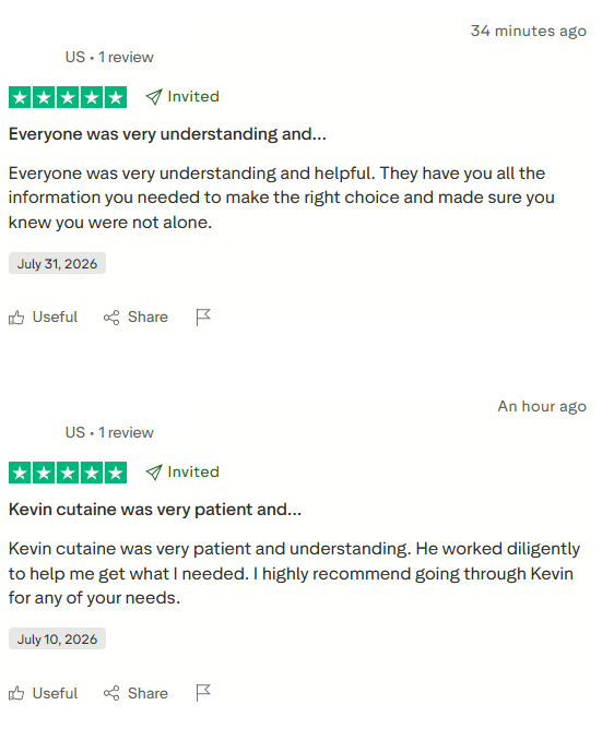 Positive invited Pennie Trustpilot reviews praising understanding and patient representatives