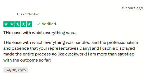 Positive verified Debt Free Teacher Trustpilot review praising professionalism and patience