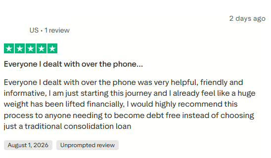 Positive Americor Trustpilot review describing helpful staff during the beginning of the program