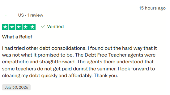 Positive verified Debt Free Teacher Trustpilot review discussing empathy and teachers not being paid during summer