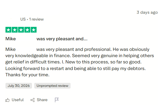 Positive Symple Lending Trustpilot review praising a professional financial representative