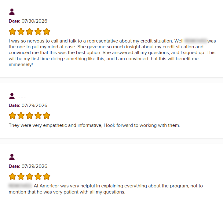 Positive Americor BBB reviews praising patient and informative representatives