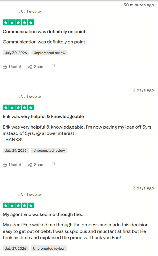 Positive New Start Capital Trustpilot reviews praising communication and knowledgeable representatives