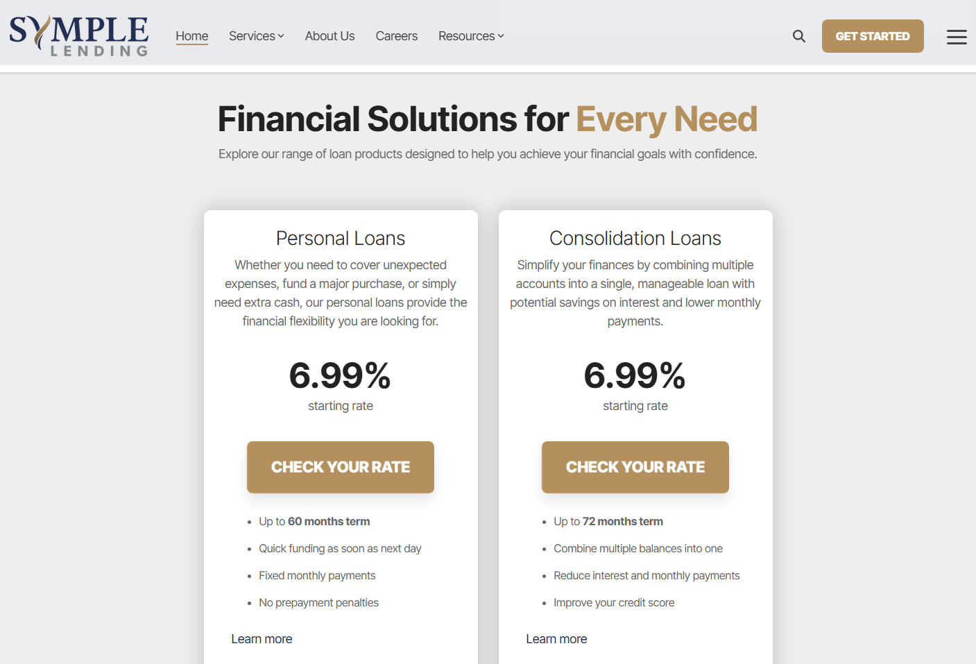 Symple Lending personal and consolidation loan pages showing starting rates of 6.99 percent