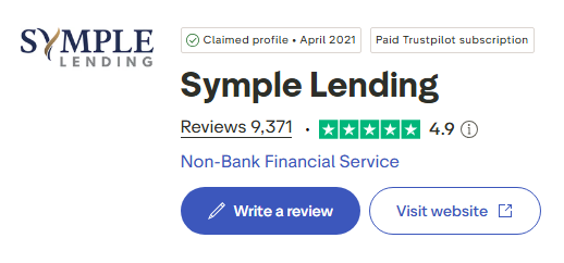 Symple Lending claimed Trustpilot profile showing 9371 reviews and a 4.9 rating