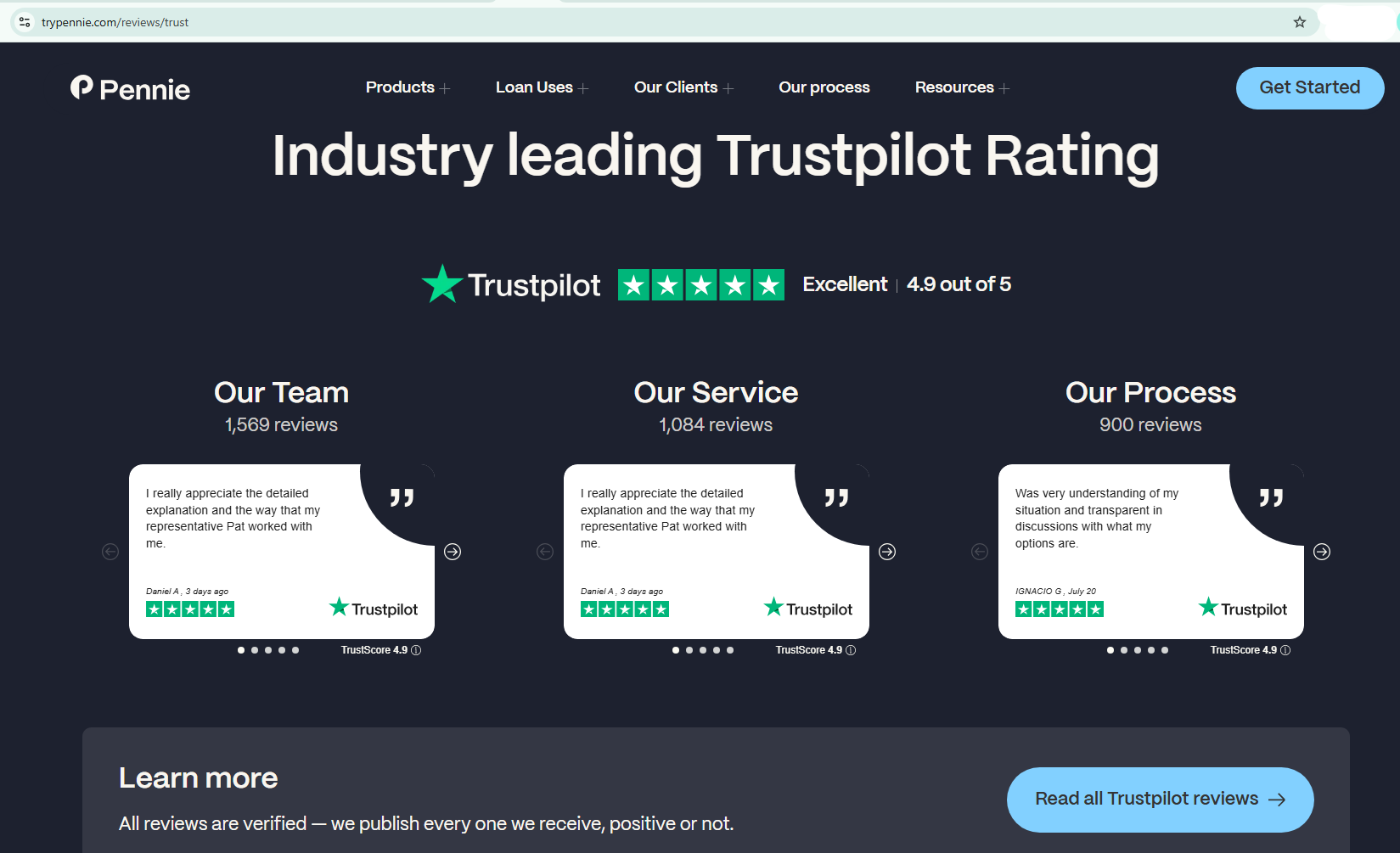 Pennie website displaying an industry leading Trustpilot rating and review categories